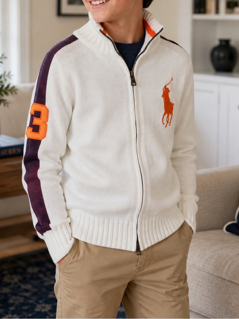 Polo Ralph Lauren Big Pony Full Zip Knit Sweater White Purple Orange M 10-12